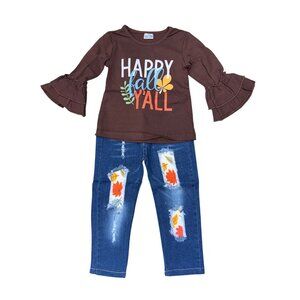 Happy Fall Yall Toddler Outfit 3T Brown Ruffle Top & Distressed Patch Jeans Set